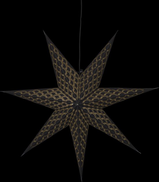 Étoile de Noël en papier noire avec motif doré en arête de poisson, 60 cm, photographiée de face.