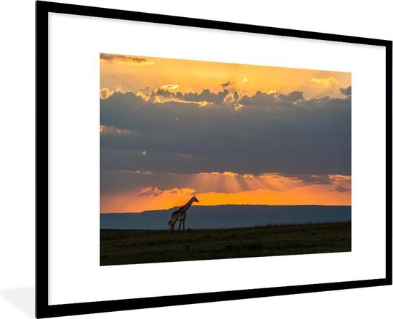 Fotolijst incl. Poster - Giraffe - Zonsopkomst - Gras - 120x80 cm - Posterlijst