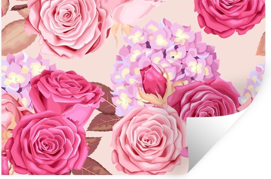Muurstickers - Sticker Folie - Rozen - Hortensia's - Bloemen - Roze - 30x20 cm - Plakfolie - Muurstickers Kinderkamer - Zelfklevend Behang - Zelfklevend behangpapier - Stickerfolie