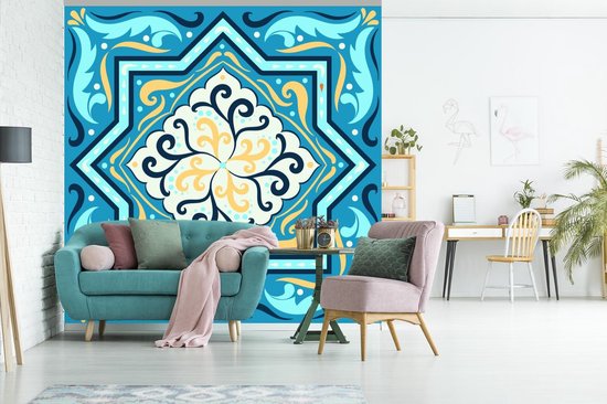 Motif carré avec une étoile et décorations sur fond bleu 260x260 cm