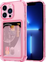 ShieldCase geschikt voor Apple iPhone 13 Pro TPU hoesje met pasjeshouder - transparant roze - Siliconen hoesje - Shockproof case hoesje pashouder - Backcover case pasjeshouder - Transparant