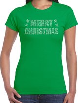 Glitter kerst t-shirt groen Merry Christmas glitter steentjes/ rhinestones   voor dames - Glitter kerst shirt/ outfit S