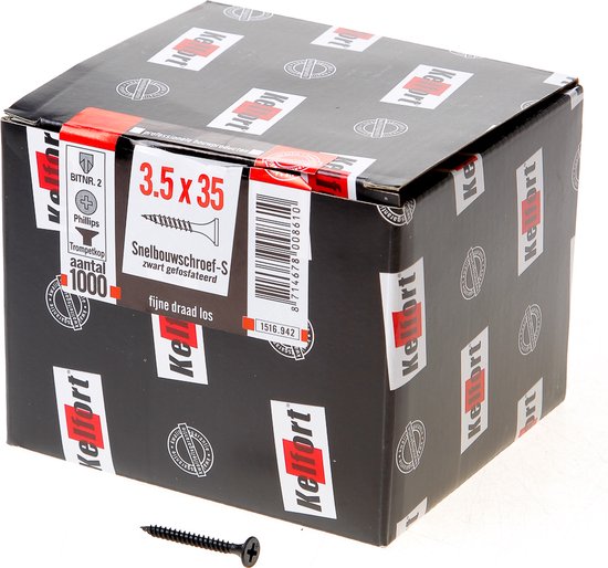 Doos Kelfort gipsplaatschroeven 3.5 x 35, zwart gefosfateerd, 1000 stuks.
