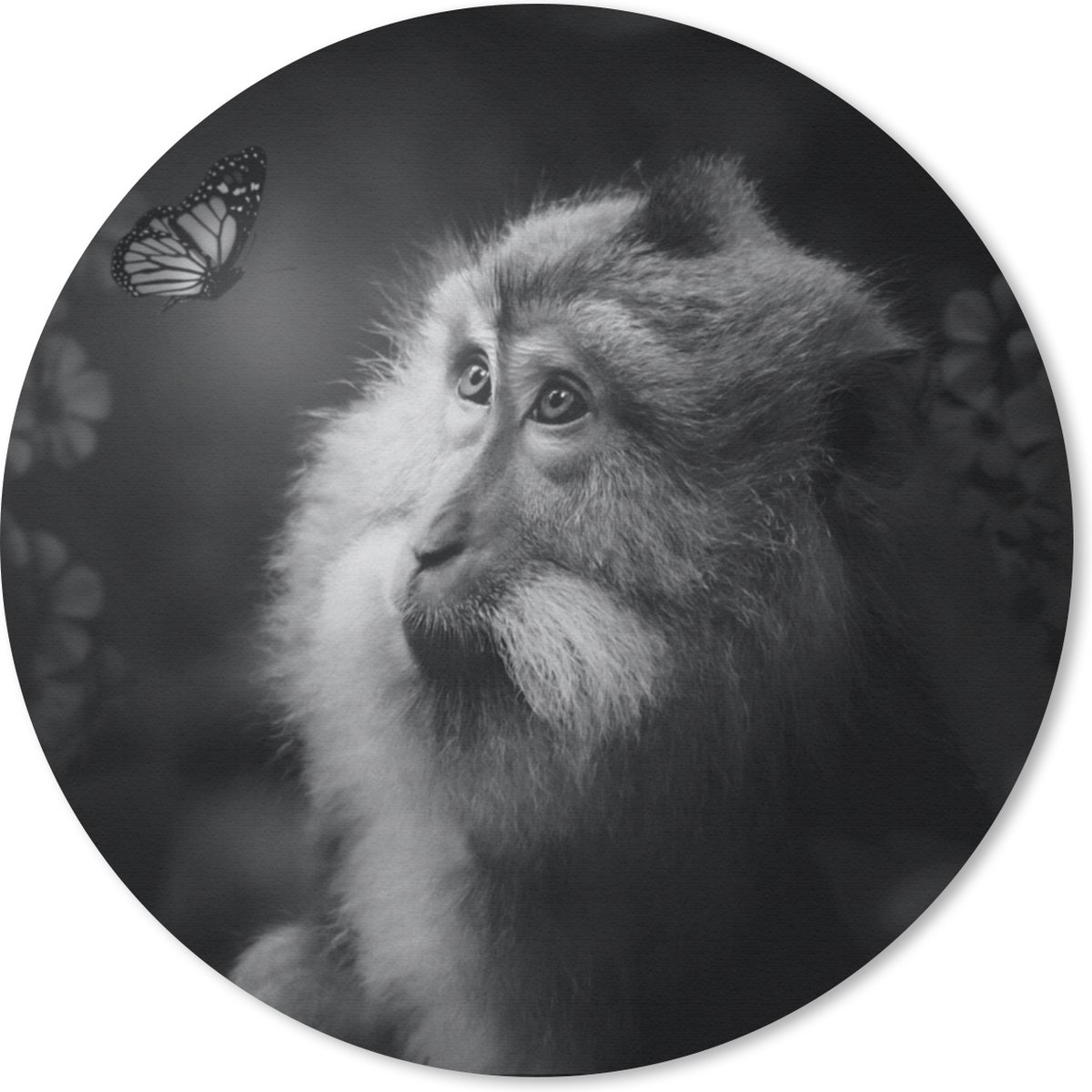 Muismat rond 30x30 cm - Mousepad Vlinder - Aap - Natuur - Zwart - Wit - Ronde muismatten