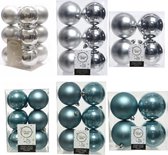 Kerstversiering kunststof kerstballen kleuren mix ijsblauw/zilver 6-8-10 cm pakket van 44x stuks