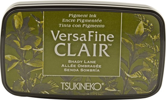 Groen Versafine Clair stempelkussen met plantenprint en 'Shady Lane' tekst.