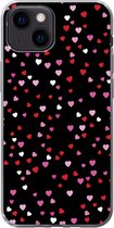 Geschikt voor iPhone 13 mini hoesje - Een illustratie met hartjes op een zwarte achtergrond - Siliconen Telefoonhoesje