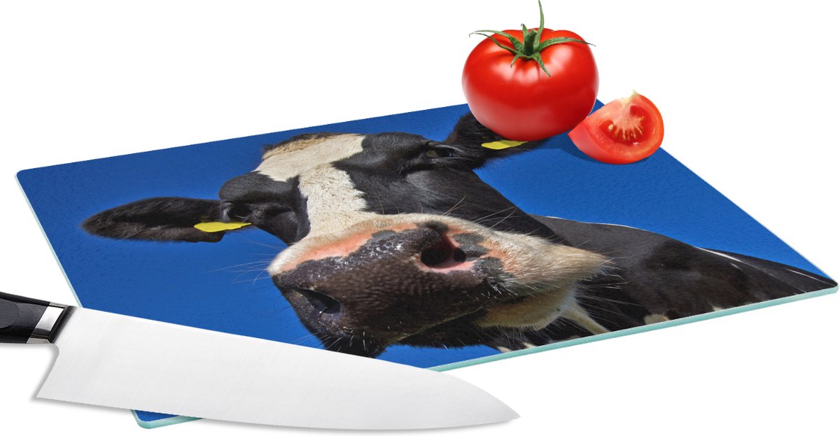 Glazen Snijplank - 28x20 - Koe - Blauw - Neus - Dieren - Snijplanken Glas