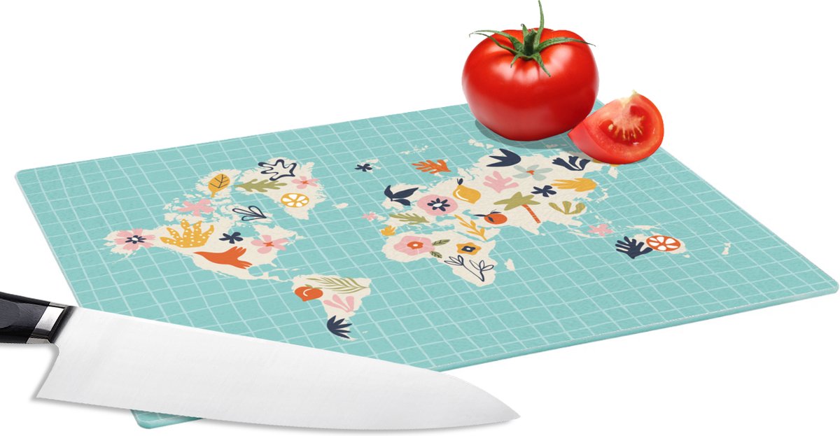 Glazen Snijplank - 28x20 - Kaart - Wereld - Bloemen - Fruit - Snijplanken Glas