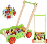 Vrolijke Blokkenkar Loopwagen - Kleurrijke Loopkar Blokkenwagen Kar Met 22 Gekleurde Houten Blokken - Babywalker Looptrainer - Loop & Duwwagen - Multicolor
