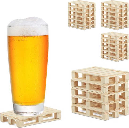 Relaxdays 24 x onderzetters pallets - voor glazen - glasonderzetters – hout – drankjes