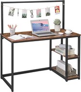 Vintage bureau met legplanken en decoratieve klem, zwart metalen frame en bruin vintage hout, kantoormeubel