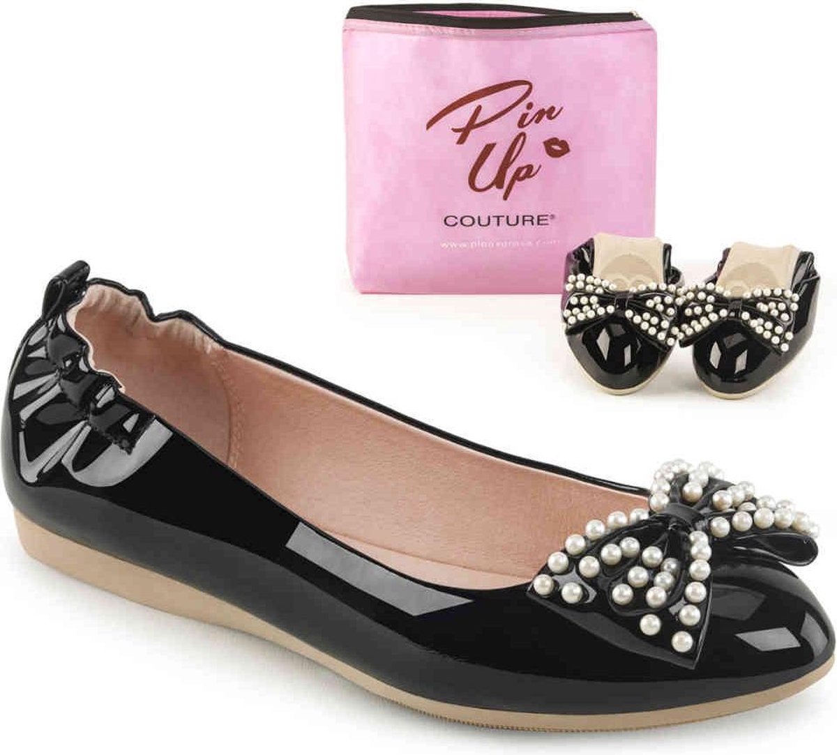 Ivy-09 opvouwbare ballerina met strik en parel detail lak zwart - Vintage Rockabilly - (EU 37 = US 7) - Pin Up Couture
