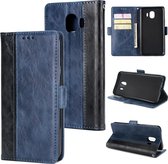 Voor Galaxy J4 (2018) Retro textuur Contrastkleur Splicing Horizontaal Flip TPU + PU lederen tas met kaartsleuven & houder & portemonnee (blauw)