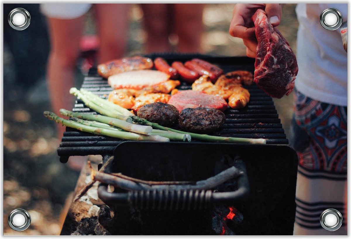 Tuinposter –Vlees op de Barbecue– 90x60 Foto op Tuinposter (wanddecoratie voor buiten en b