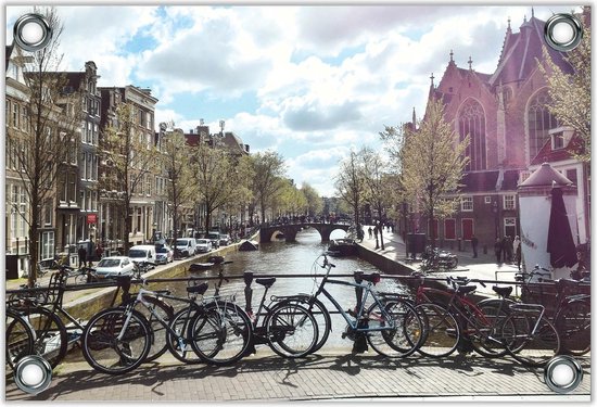 Tuinposter –Fietsen aan de Gracht in Amsterdam– 60x40 Foto op Tuinposter (wanddecoratie voor buiten en binnen)