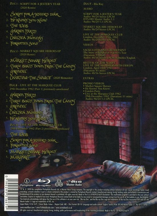 Dos d'une boîte Blu-ray Marillion 'Script for a Jester's Tear' avec listes de pistes et informations produit.