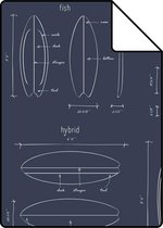 Proefstaal ESTAhome behang technische tekeningen van surfplanken donkerblauw - 128871 - 26,5 x 21 cm