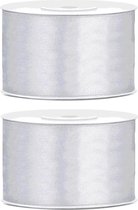 2x Hobby/decoratie zilver satijnen sierlinten 3,8 cm/38 mm x 25 meter - Cadeaulint satijnlint/ribbon - Zilveren linten - Hobbymateriaal benodigdheden - Verpakkingsmaterialen