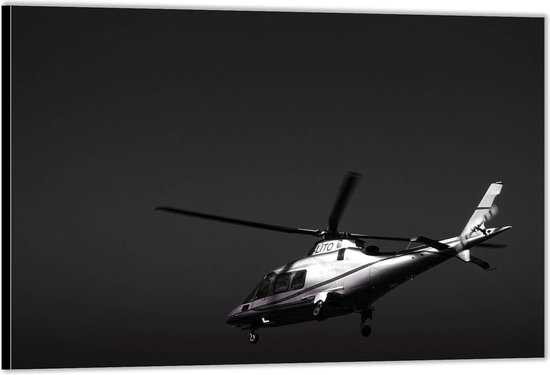 Dibond –Helikopter in de Lucht (Zwart Wit) – 150x100 Foto op Aluminium (Wanddecoratie van metaal)