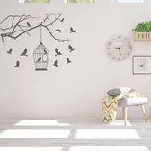 Muursticker Vogels Met Huisje - Donkergrijs - 60 x 47 cm - woonkamer slaapkamer baby en kinderkamer dieren