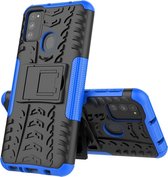 Voor Galaxy M31 Tire Texture Shockproof TPU + PC beschermhoes met houder (blauw)