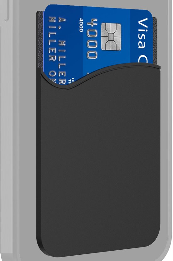 Detailopname van de achterkant van een telefoonhoesje met een kaarthouder en een Visa creditcard.