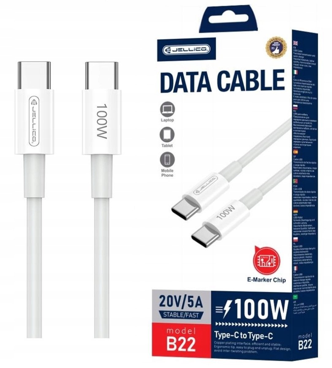 ELLICO USB-C naar USB-C Kabel – 100W PD & QC Snelladen – 1 Meter – E-Marker Chip – Geschikt voor Laptop, MacBook, Tablet & Smartphone – Wit (Model B22)