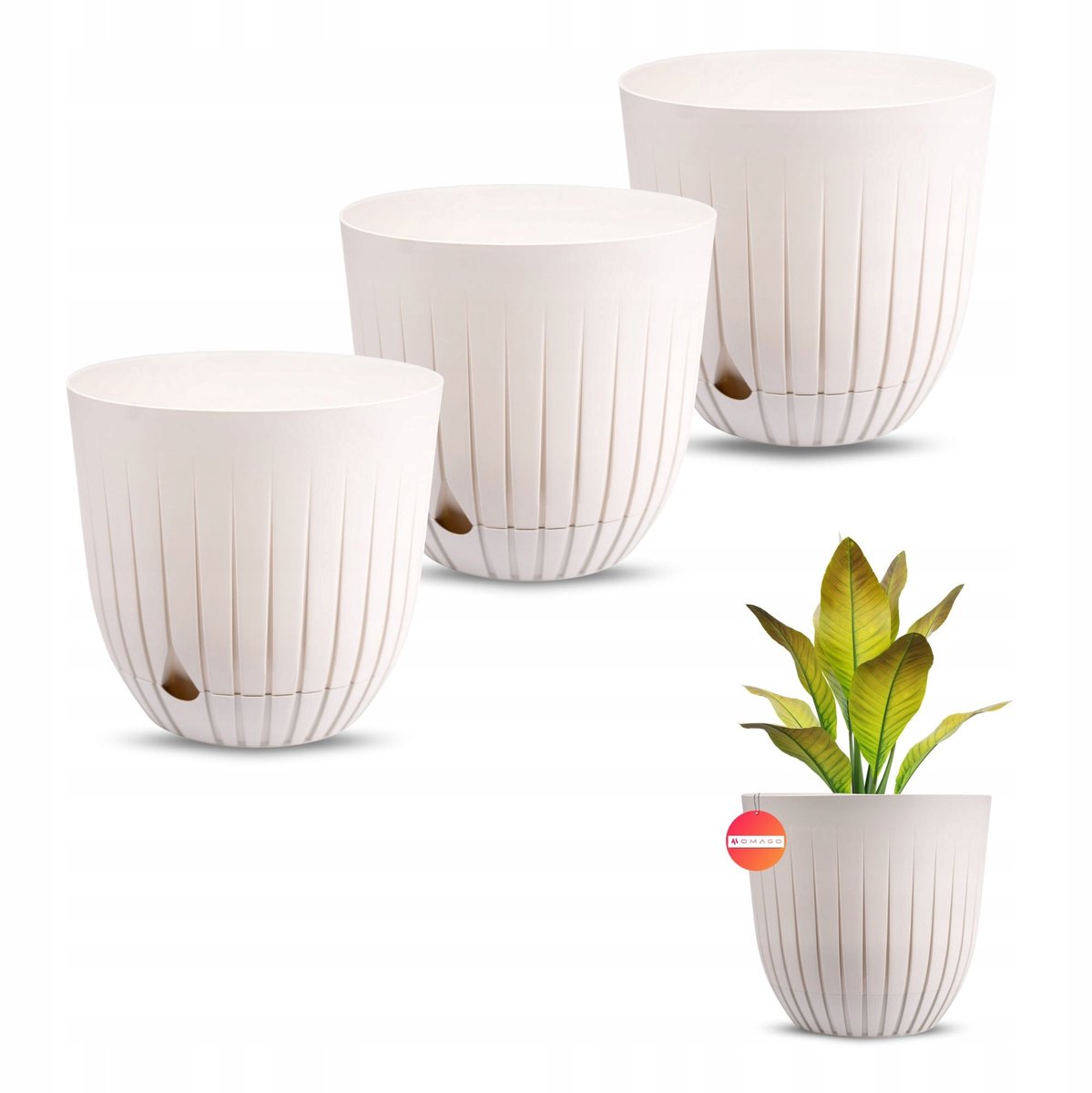 3x Witte Plantenpot Omago 26cm met Schotel - Modern Geribbeld Design