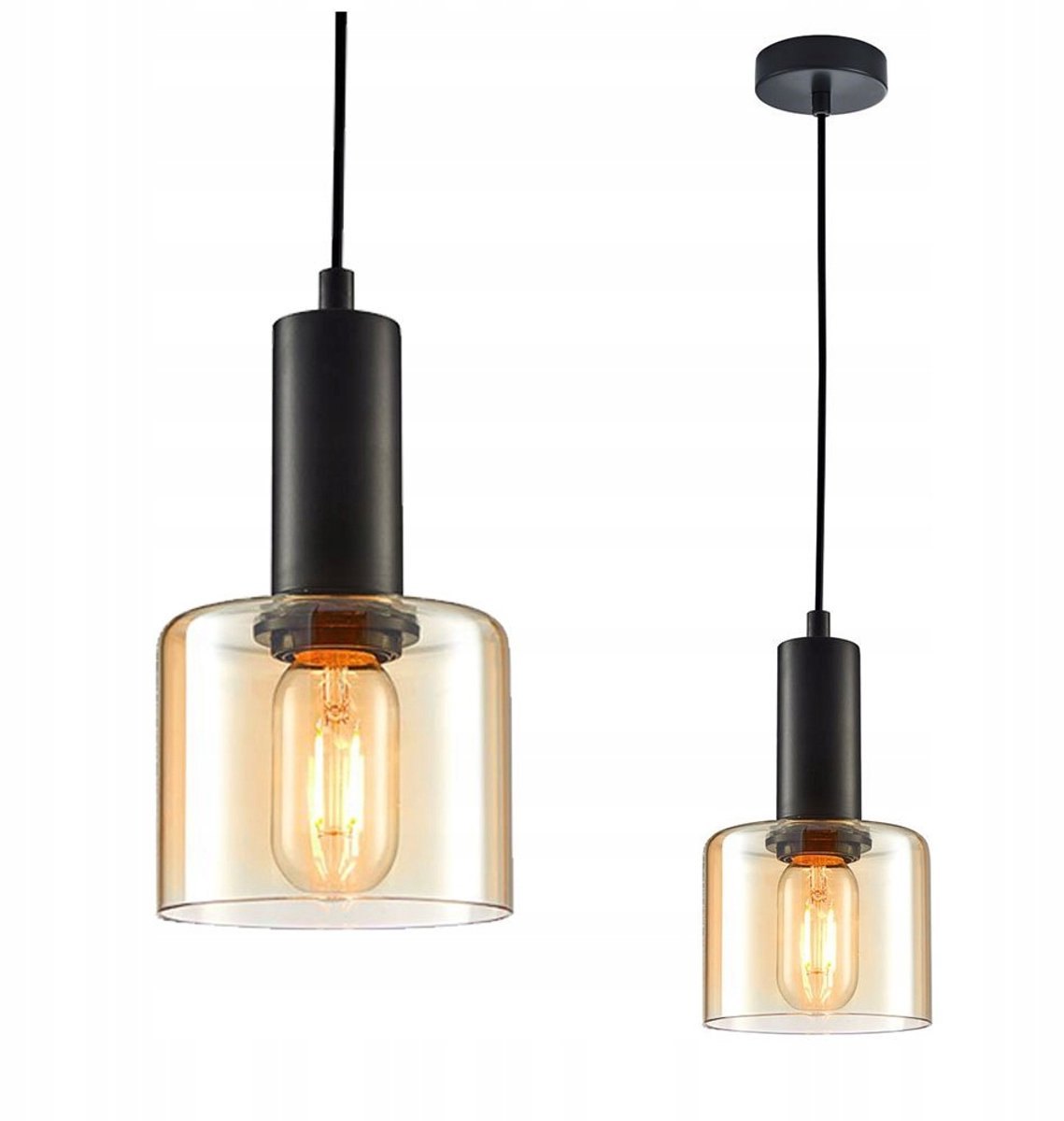 SANTIA Hanglamp PND-65342-1-BK+AMB - Modern Zwart/Amber Glas