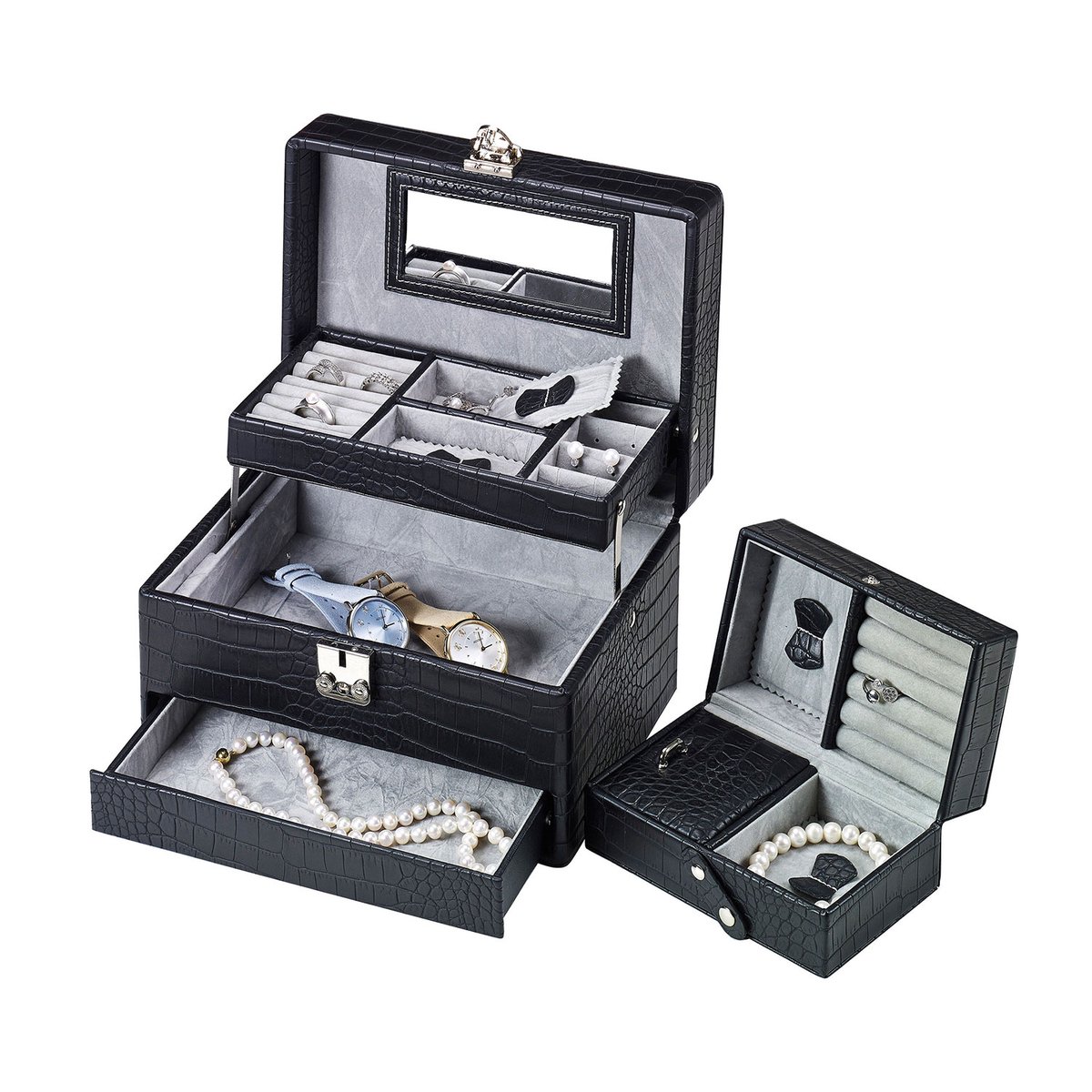 Sieradendoos - met 3 niveaus, spiegel en reisetui - zwarte lederlook met krokodillenreliëf
