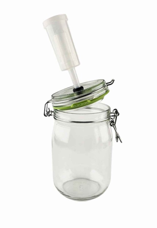 Bocal en verre avec clips métalliques, joint vert et barboteur blanc.