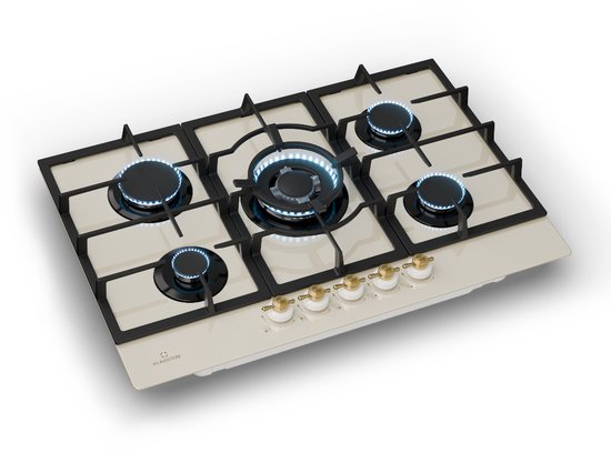 Klarstein Illuminosa - gaskookplaat, inbouw, Sabaf-brander, aardgas / propaangas, veiligheidskleppen, automatische uitschakeling, pannendrager met magneethouder, gietijzer, 4-pits, zelfvoorzienend, 60 cm, zwart