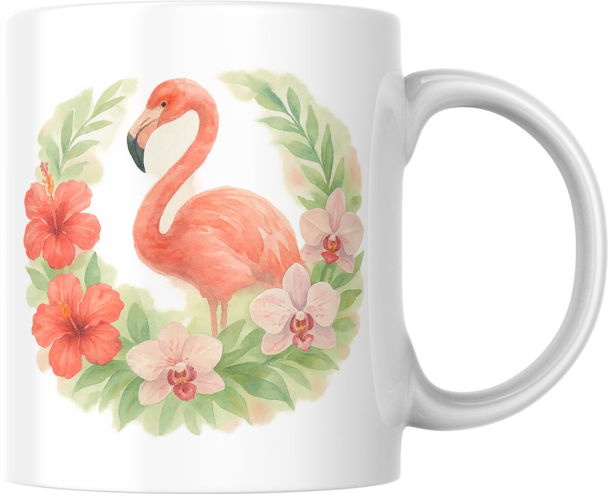 Keramische Mok Flamingo is bloemenkrans - 330 ml