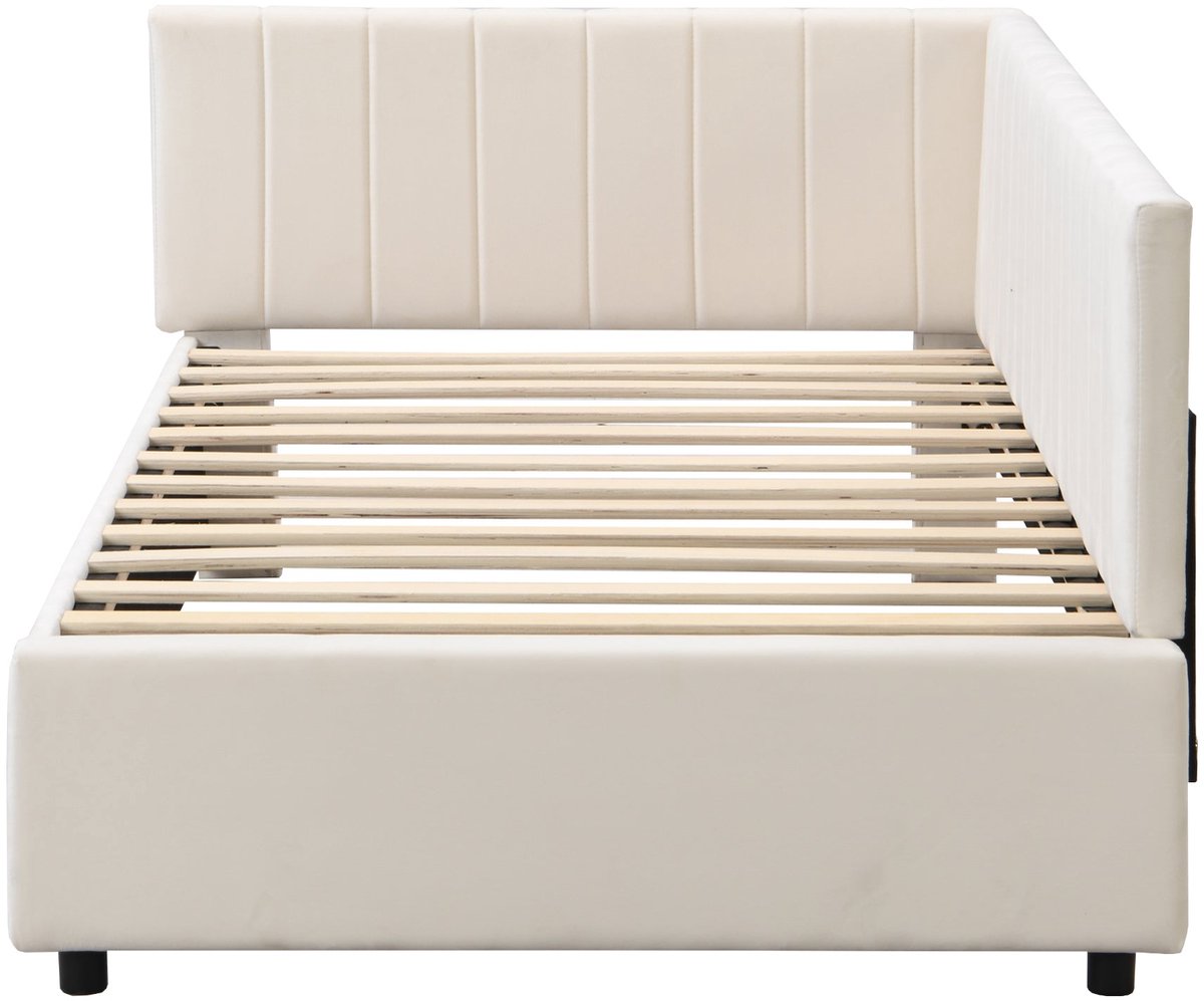 Merax Bedbank 90x200 cm - Multifunctioneel Bed met Lattenbodem - Zacht Beige Velours Stof - Comfortabel en Elegant Design
