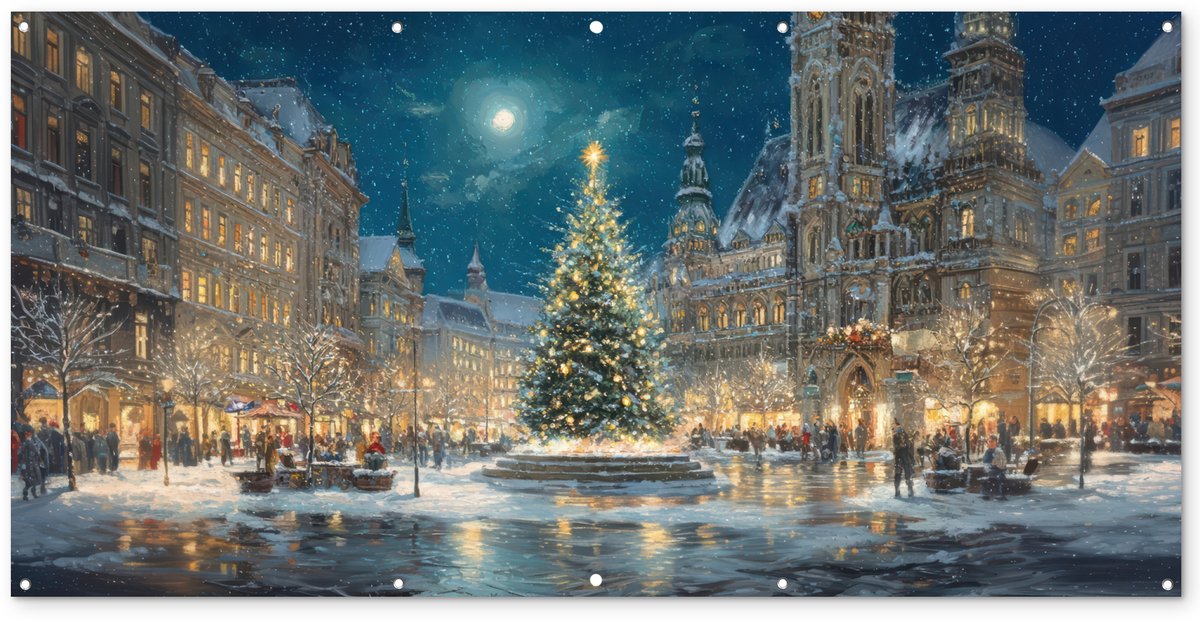 Tuinposter 200x100 cm - Tuindecoratie Kerstnacht - Stadsplein - Meerkleurig - Poster voor in de tuin - Buiten decoratie - Schutting tuinschilderij - Tuindoek muurdecoratie - Wanddecoratie balkondoek Tuinposter 200x100 cm - Tuindecoratie Kerstnacht - Stadsplein - Meerkleurig - Poster voor in de tuin - Buiten decoratie - Schutting tuinschilderij - Tuindoek muurdecoratie - Wanddecoratie balkondoek - Image 1