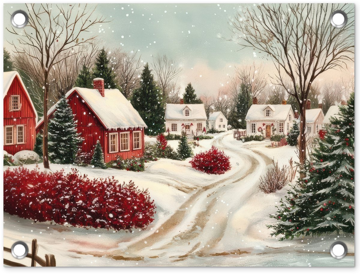 Tuinposter 40x30 cm met kerstsfeer in landelijke stijl, rood. Ideaal voor tuin, schutting of balkon.