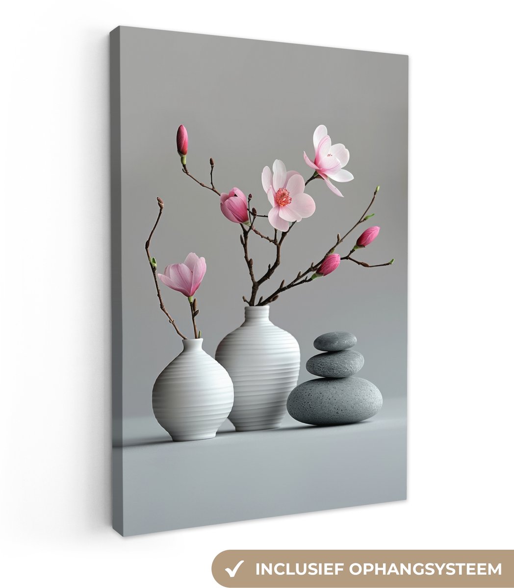 Canvas schilderij 40x60 cm - Wanddecoratie badkamer Magnolia - Bloemen - Roze - Zen stenen