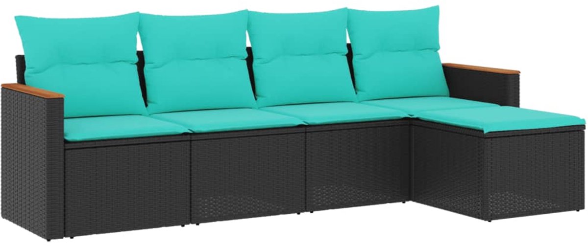vidaXL - 5-delige - tuinbankset - met - kussens - van - zwart - polyrotan