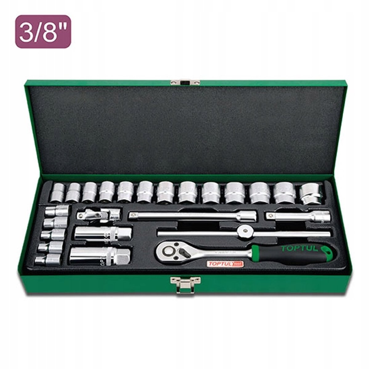 Toptul 25-delige 3/8" doppenset met ratel en verlengstukken