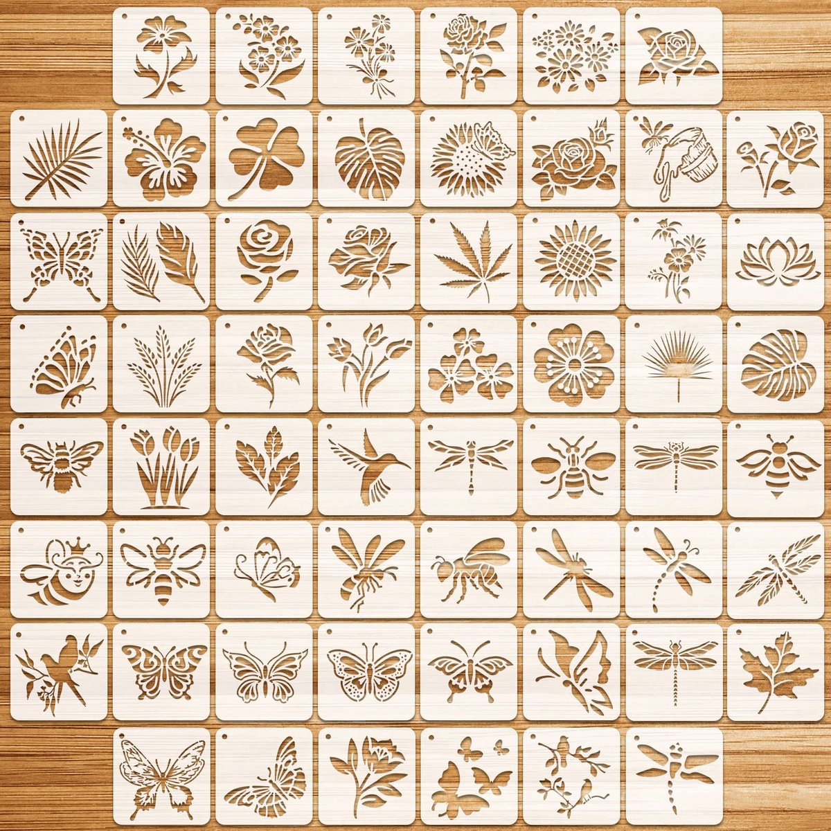 60 Stuks Herbruikbare Schablonen - 7.5 cm - Bijen, Vlinders, Libellen en Bloemen