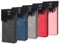 Rijen van MobyDefend wallet bookcases in verschillende kleuren: zwart, blauw, grijs, rood en roze.