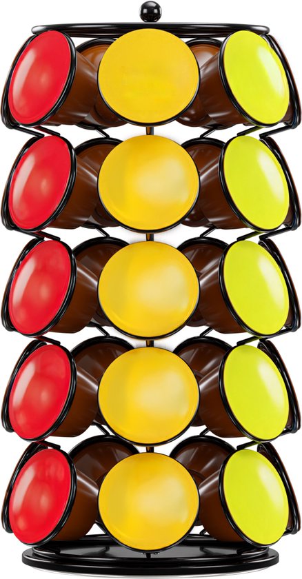 Zwarte capsulehouder met rijen rode, gele en limegroene koffiecups.