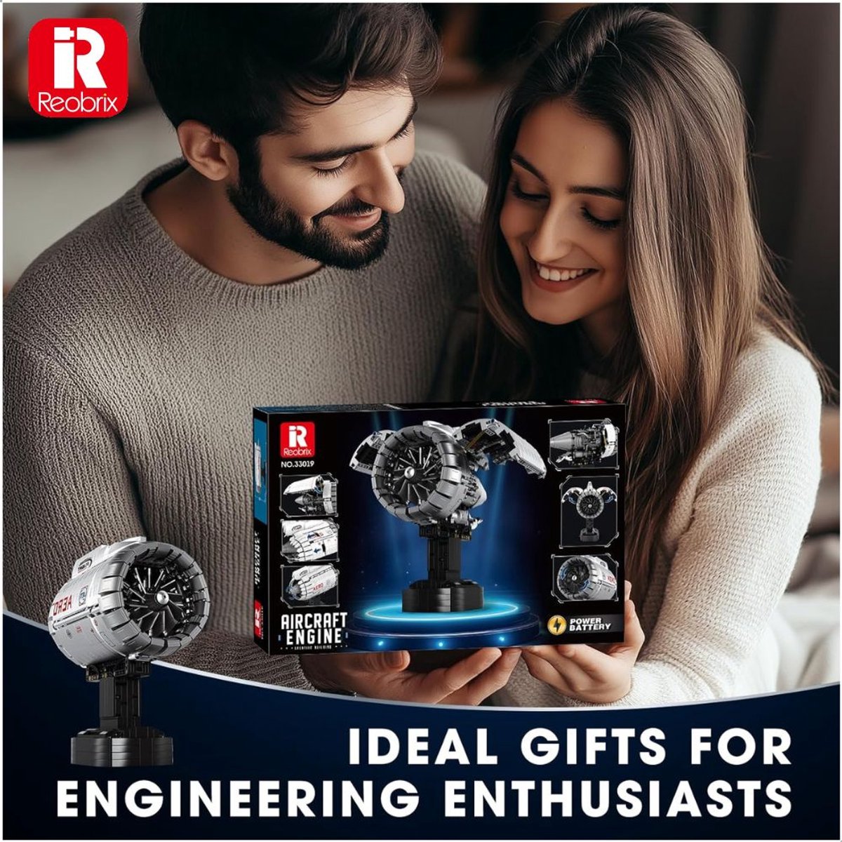 Reobrix - 33019 Vliegtuig Motor bouwset | Classic contructie modelbouw | Technische educatief speelgoed voor volwassenen | DIY creator motorisch decoratie geschikt voor Lego | Bouwdoos met 1813 bouwstenen — afbeelding 11