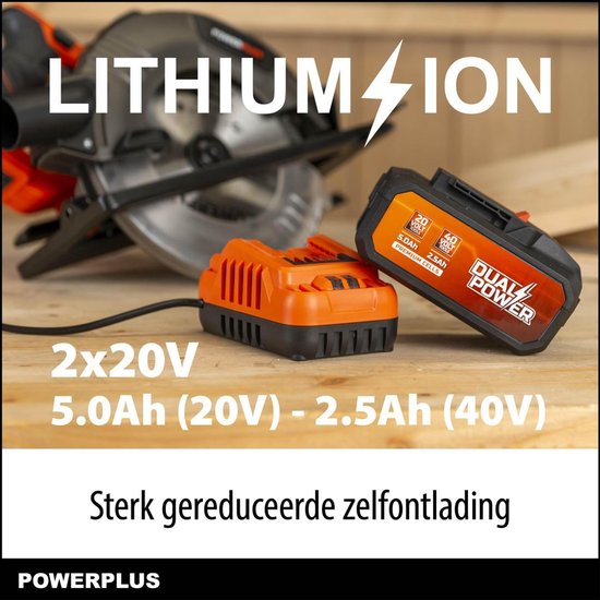 Oranje Dual Power accu op oranje lader, met cirkelzaag. Tekst 'LITHIUM ION' en '2x20V 5.0Ah (20V) - 2.5Ah (40V)'.