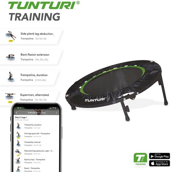 Tunturi Fitness Trampoline - Opvouwbaar - 104cm springoppervlak - Inclusief beschermrand & handgrip - Incl. gratis fitnessapp