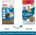 Oude en nieuwe verpakking van Beaphar Care+ konijnenvoer, naast elkaar. Opschrift: 'Oud' en 'Nieuw'.