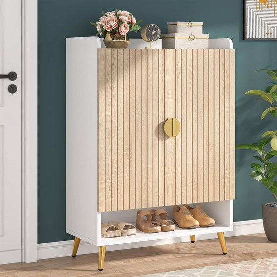 Meuble à chaussures Tribesigns avec Portes – Étagère à chaussures à 7 niveaux avec Planches réglables – Meuble à chaussures étroit autoportant – 73 x 37 x 110 cm – Rangement à chaussures en bois pour entrée, salon – Bois et or