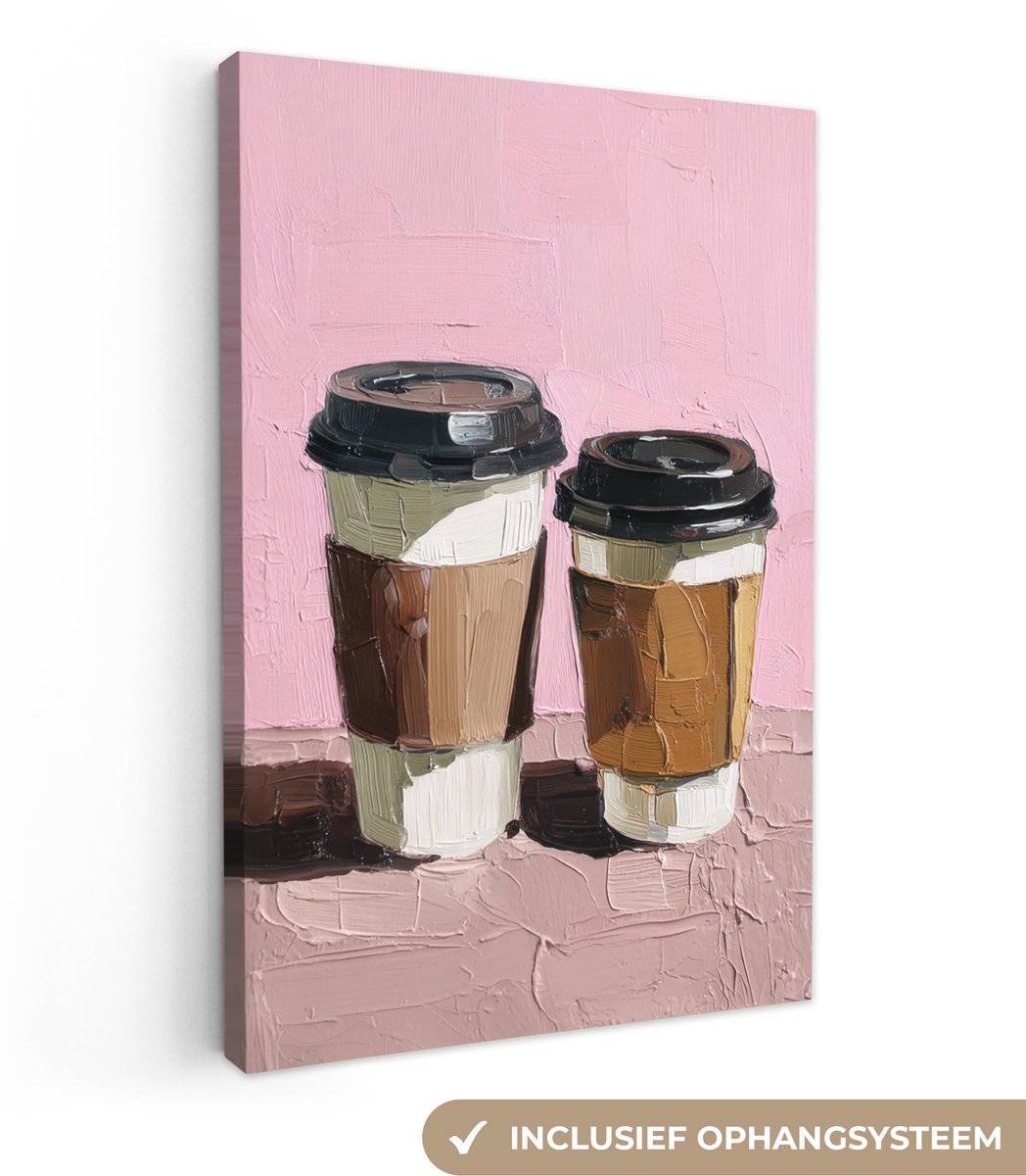 Canvas schilderij 80x120 cm - Exclusieve wanddecoratie Koffiebekers - Deksel - Verf - Text