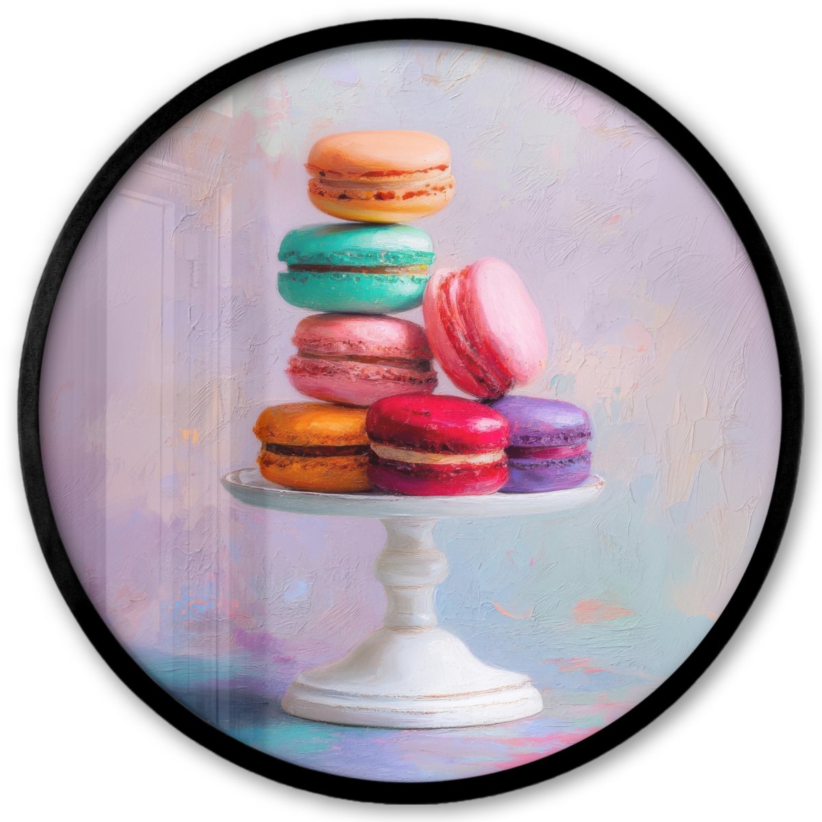 FrameYourWall Poster in lijst Rond - Fotolijst 40x40 cm - Posters - Macarons - Schaal - Pastel - Kleurrijk - Ronde posterlijst zwart - Decoratie - Wanddecoratie woonkamer - Muurdecoratie slaapkamer